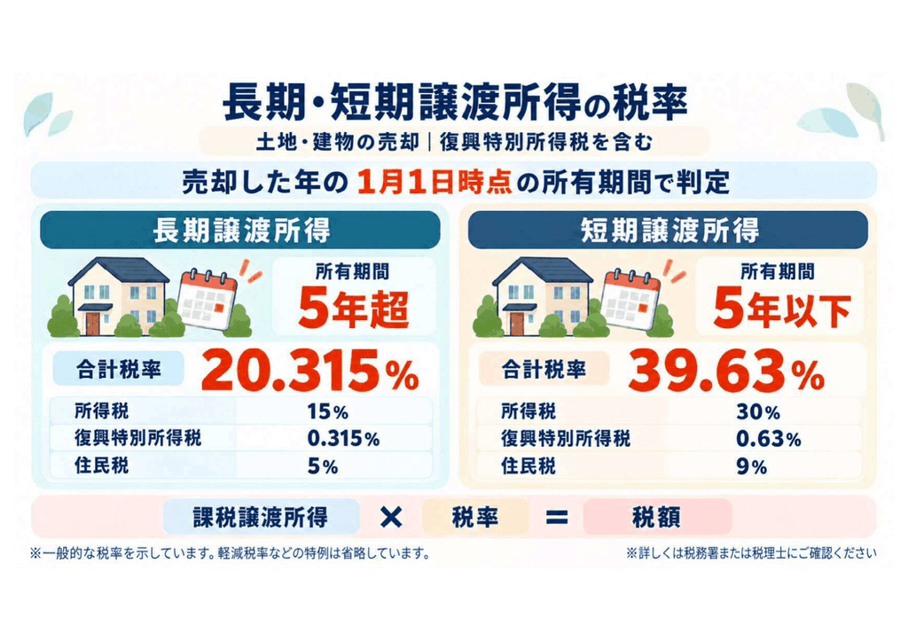 不動産売却の短期譲渡所得と長期譲渡所得の違いを示した図解。売却した年の1月1日時点で所有期間が5年以下なら短期、5年を超えると長期となり、適用される税率が異なります。