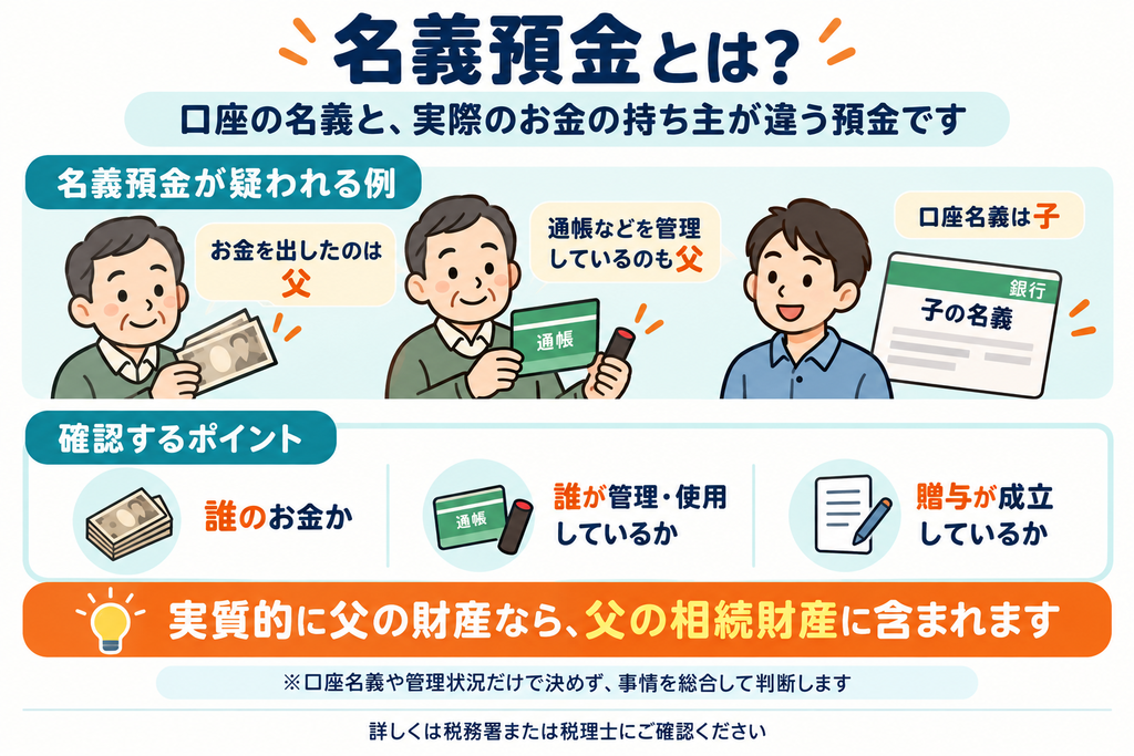 子などの名義の預金でも、資金の出所・管理状況・贈与の成立などから実質的に被相続人の財産と判断される場合は、相続財産に含まれることを示した名義預金の図解