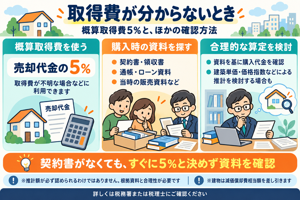 不動産の取得費が不明な場合に使える売却代金の5%の概算取得費と、購入時の資料確認や合理的な推計など、ほかの算定方法を検討することを示した図解